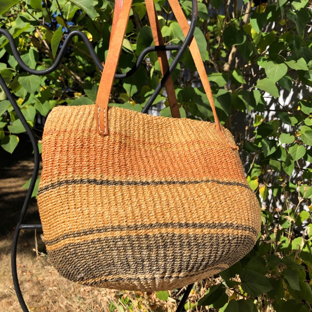 Vtg Sisal Woven Market Purse Jute Straw Leather